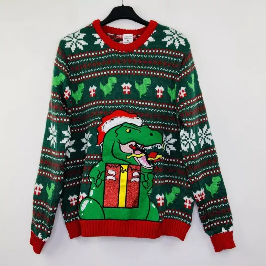 Holiday Classics Men's XXL Ugly Christmas Sweater Green T-Rex Dino Glitter NWT