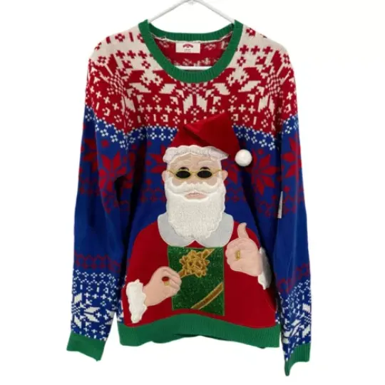Holiday Time Mens Size L Ugly Christmas Sweater Santa Claus Metallic Gift