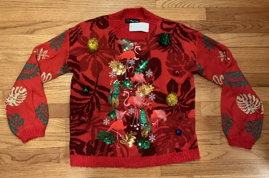 Ugly Christmas Red Flamingo Tropical Sweater 33 Degrees Women's Small (S) NWT