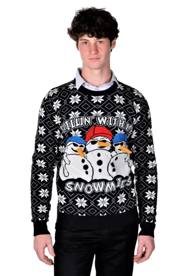 RWB Mens Ugly Christmas Sweaters Chillin With My Snowmies Navy Slim X-Large Fit