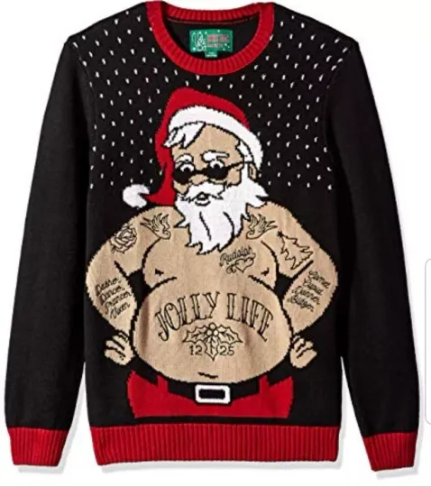 Discover Men's XL Ugly Christmas Sweater Tatted Jolly Life Knit Sweater Tattoo Santa