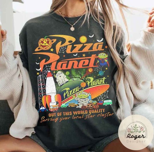 Discover Vintage Aliens Toy Story Pizza Planet Halloween Shirt, WDW Disneyland Toy Story Land Pizza Lovers Gift, Mickey's not so scary Halloween tee