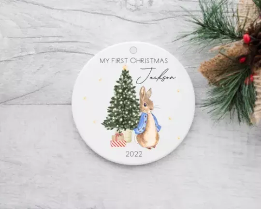 Discover Personalised Blue Rabbit Baby's First Christmas Ceramic Tree Ornament Bauble