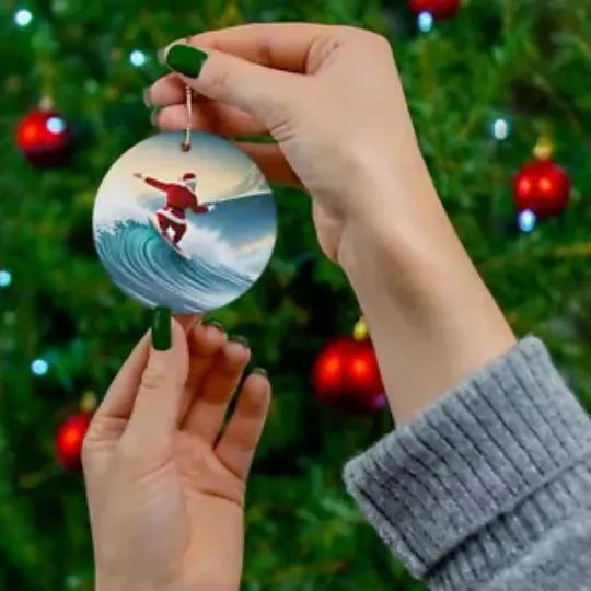 Discover Surfing Santa Christmas Ceramic Ornament - Fun Xmas Gift