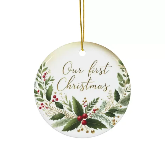 Christmas , Our First Christmas, Floral Ceramic Ornament,