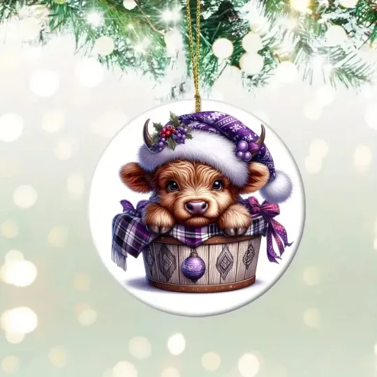 Christmas Ornament, Highland Baby Cow in Bucket Ceramic Christmas Ornament