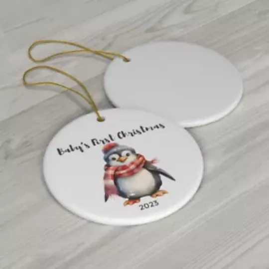 Baby's First Christmas Ceramic Ornament Penguin Blue Hat -