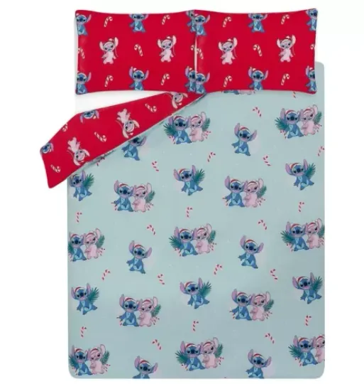 Discover Disney Stitch & Angel King Duvet Reversible Set Christmas Candy Canes Bedding