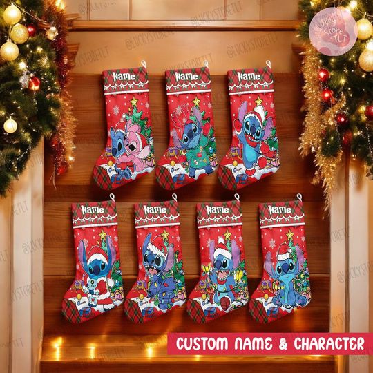 Personalized Stitch Buffalo Plaid Disney Christmas Stocking, Stitch Angel Couples C