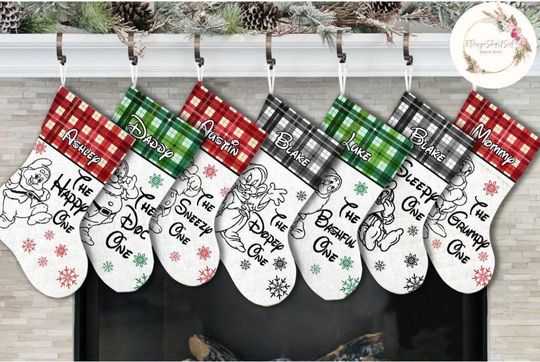 Personalized Buffalo Plaid Disney Snow White and the Seven Dwarfs Christmas Stockings