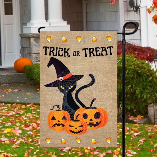 Trick Or Treat Black Cat and Pumpkins Garden Flag - Outdoor Halloween Decor