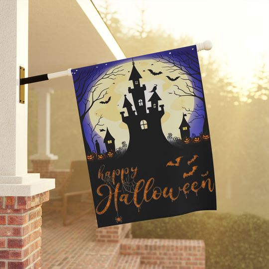 Happy Halloween House Banner, Halloween Outdoor Flag, Blue and Orange Flag, Spooky Season Flag, Outdoor Halloween Decor