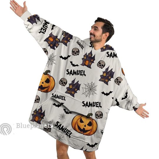 Discover Custom Name Halloween Hoodies Blanket, Personalized Wearable Hoodie Blanket, Custom Pumpkin Haunted House Skull Oversized Blanket