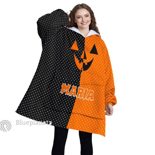 Discover Personalized Wearable Hoodies Blanket, Custom Halloween Oversized Blanket, Custom Name Orange Black Halloween Hoodie Blanket, Gift