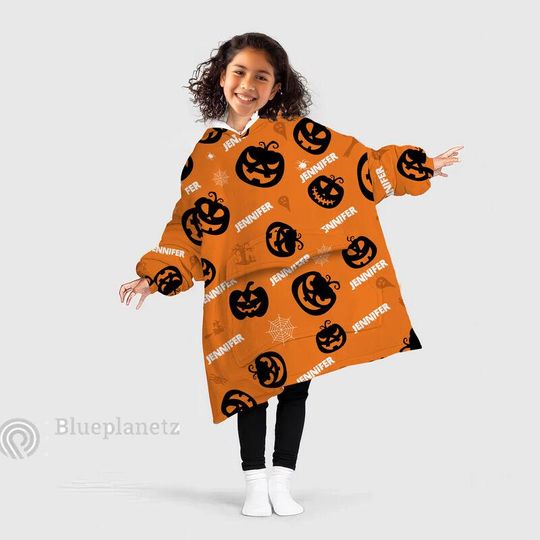 Discover Custom Name Halloween Hoodies Blanket, Personalized Wearable Hoodie Blanket, Custom Jack O'Lantern Oversized Blanket