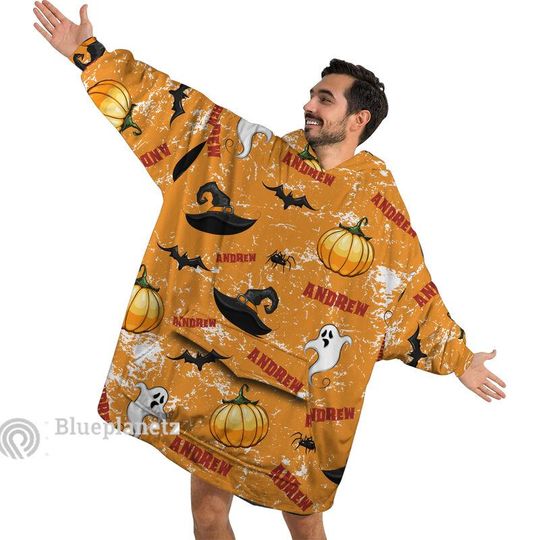 Discover Custom Name Halloween Hoodies Blanket, Personalized Wearable Hoodie Blanket, Custom Pumpkin Witch Hat Ghost Oversized Blanket