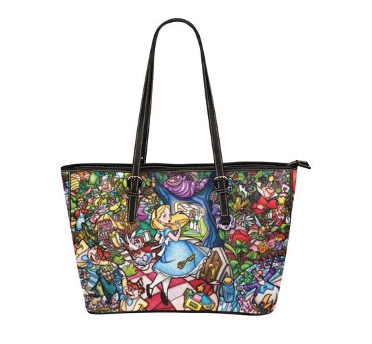 Stained glass Alice in Wonderland large Leather Tote Bag