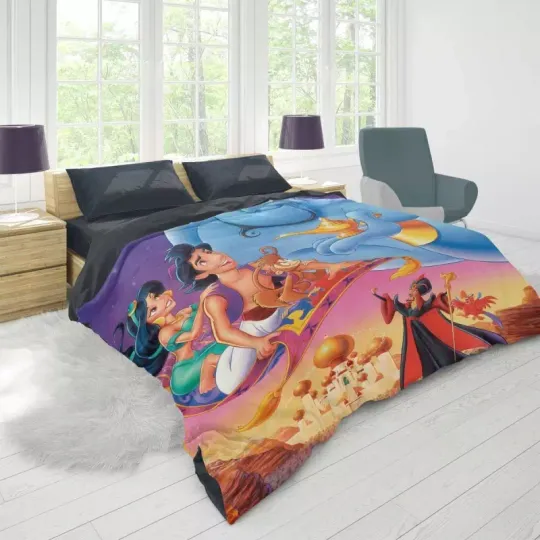 Aladdin Movie Disney Genie Princess Jasmine Quilt Duvet Cover Set Bedding King