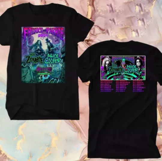 Discover Rob Zombie and Alice Cooper s Freaks On Parade Tour 2024 2 Sided Uniex T Shirt