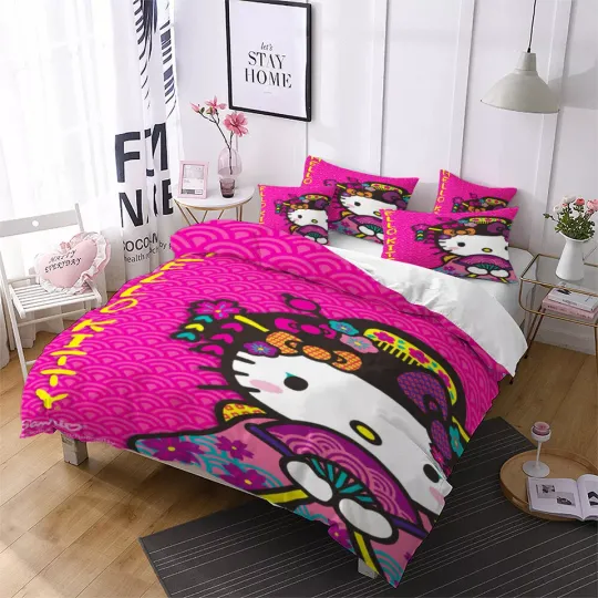 Chinese Style Hello Kitty Duvet Quilt Cover Pillowcase Single Double Bedding Set