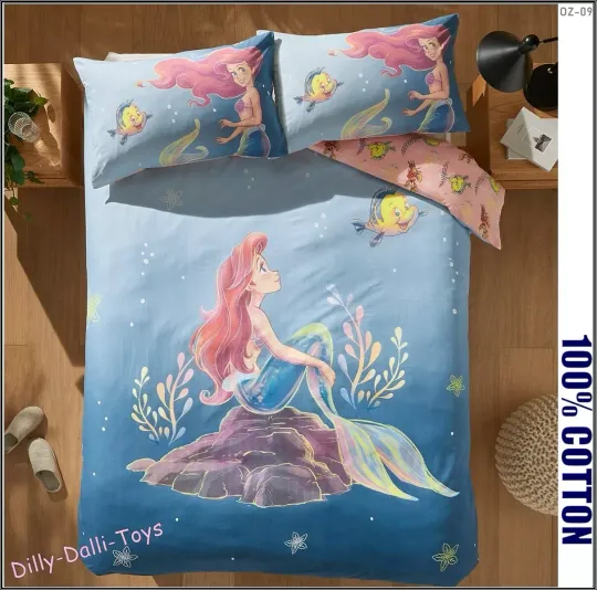 Discover Disney The Little Mermaid 100% Cotton King Size Duvet Cover Set Ariel Flounder