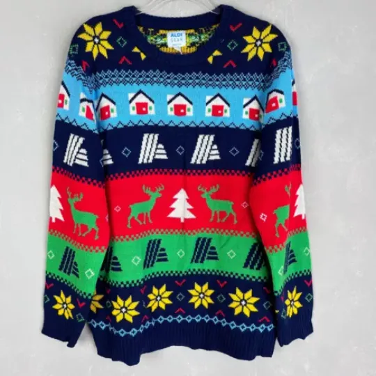 Discover Aldi unisex size L ugly Christmas sweater holiday chunky knit colorful NEW