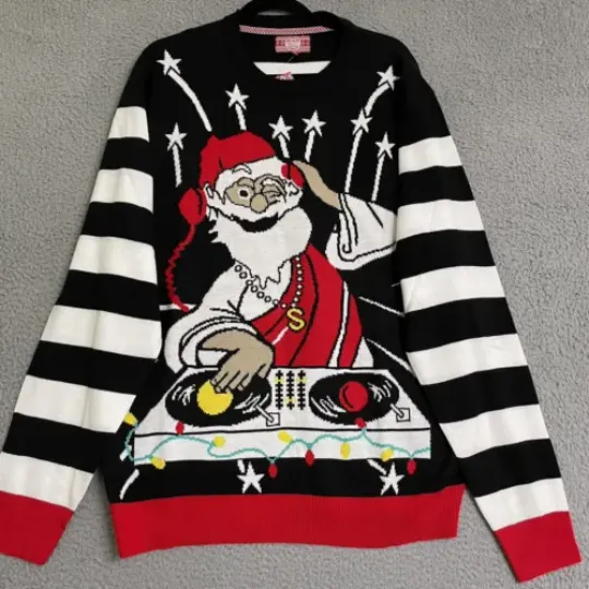 Discover KESIS Ugly Christmas Sweater Santa Pullover Black Santa DJ Party Holiday Mens 3X