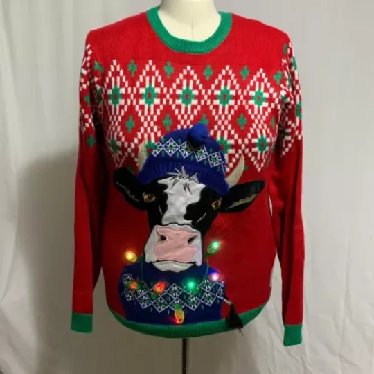 Discover Ugly Christmas Sweater Cow Light Up Long Sleeve Crew Neck Red Blue MENS Womens L