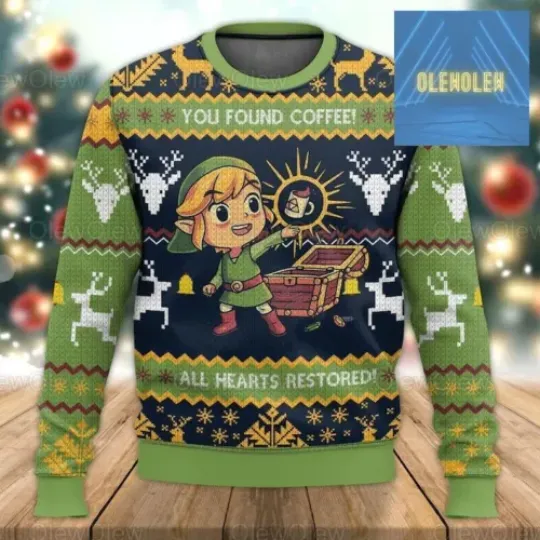 Legend Of Zelda Ugly Sweater, You Found Coffee All Hearts Restored Ugly Christma