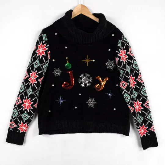 Discover Holiday Time Sweater Womens Large Ugly Christmas Black Chenille Sequins Joy New