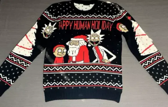 RICK and Rickandmorty Medium UGLY Christmas Sweater HAPPY HUMAN HOLIDAY Adult Swim NWOT