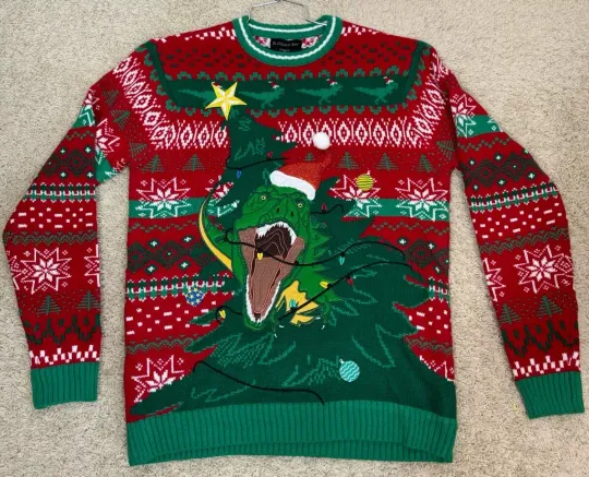 Blizzard Bay Men’s Ugly Christmas Sweater Dinosaur Front And Back Size Med T Rex