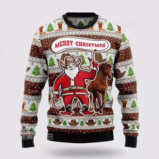 Santa Claus Sweater, Cowboy Santa Claus Ugly Christmas Sweater Size S-5XL