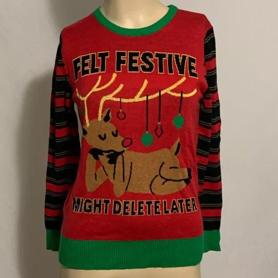 Ugly Christmas Sweater Felt Festive Might Delete Later Reindeer Junior Women S