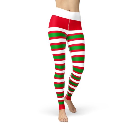 Discover Christmas Elf Stripe Yoga Leggings, Festive Leggings, Holidays Leggings, Xmas, Fun, Activewear, Stretchy Leggings, Yoga Workout Footless