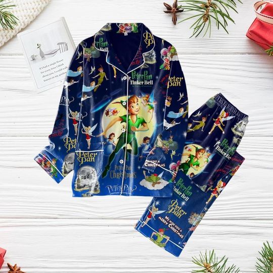 Peter Pan Christmas Pajamas, Tinker Bell Holiday Pajamas, Never Grow Up Pajamas, Magic Kingdom Shirt, Disney Cartoon Set Of Pajamas