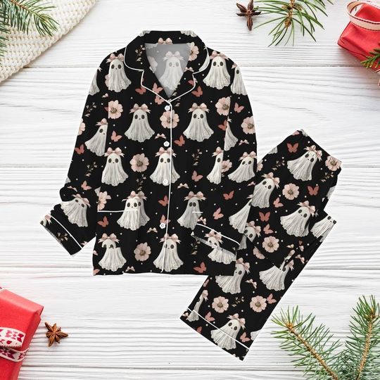 Halloween Ghost Pajamas Set, Cute Ghost Holiday Pajamas, Boo Ghost Women Pajamas, Ghost Bow Shirt, Spooky Season Shirt, Gift For Her