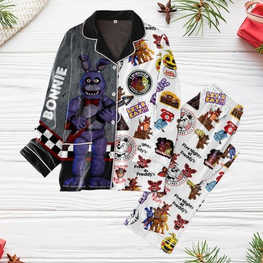 Five Nights At Freddy's Holiday Pajamas, Freddy Bonnie Pajamas Set, Scary Movie Pajamas, Halloween Party 2024 Shirt, Gift For Him