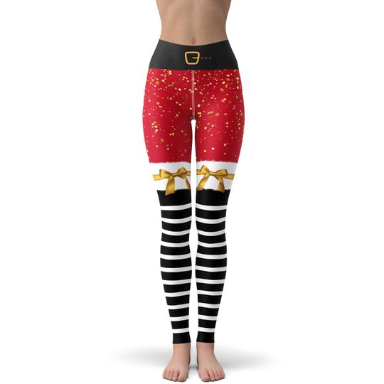 Christmas Festive Santa Stockings And Gift Bow Yoga Leggings, Holidays Leggings, Festive Yoga Pants, Winter, Fun, Workout, Xmas, Santa, Gift