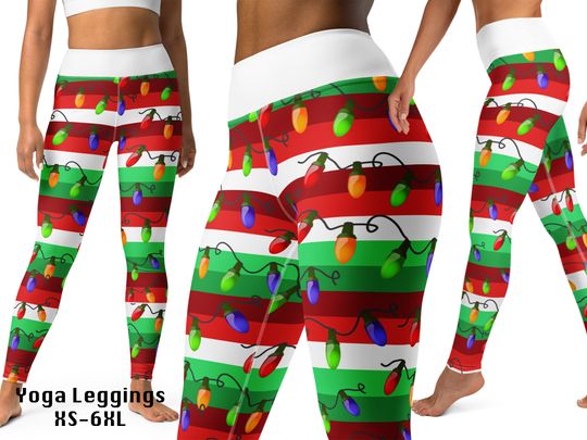 Christmas Lights Garland Candy Cane Striped Festive Leggings Activewear Workout Women Yoga Gift Running Spandex Pants Elf Costume