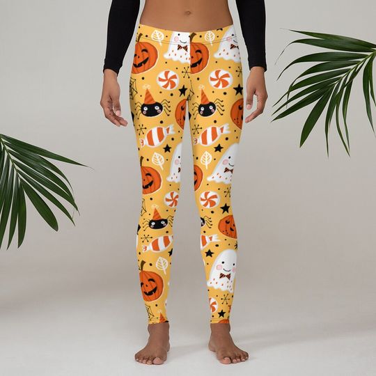 Halloween Leggings, Womens Yoga Pants, Pumpkins Ghosts Cats Halloween Pants, Polyester Spandex Leggings, Holiday Leggings