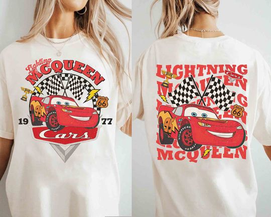 Discover 2-sided Disney Cars Lightning Mc Queen Shirt, Tow Mater Sally Carrera Doc Hudson Group Shirt, WDW Disneyland Cars Land Piston Cup Tee