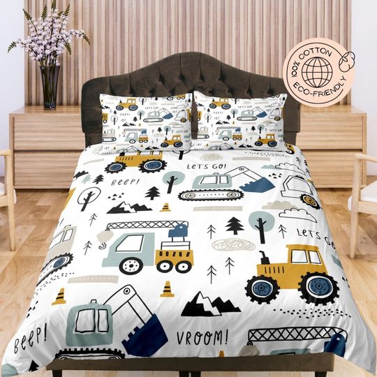 Discover Heavy Equipment Cotton Duvet Cover Kid's Bedroom Quilt Cover, Nursery Room Bedding Set Toddler's Room Blanket Cover, Baby Crib Bed Cover