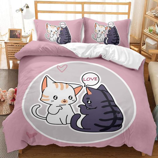 Discover Cute Love Cat Bedding, Toddler Bedding, Kids Duvet Cover Set, Gift for Cat Lovers, Baby Bedding, Baby Shower Gift, Pink Bedding