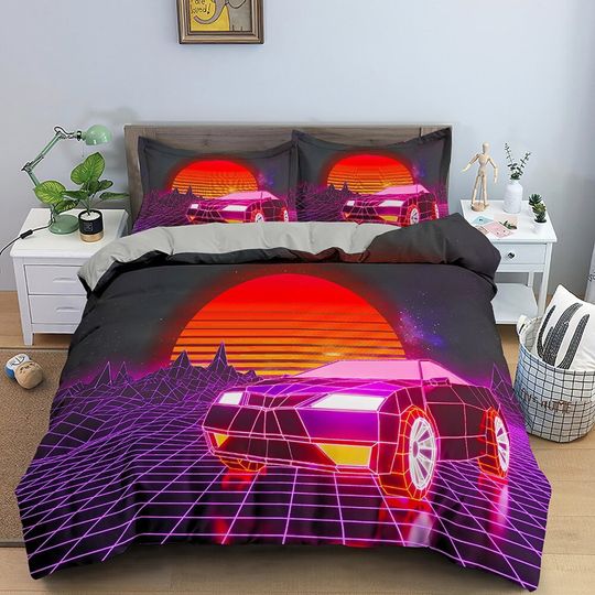 Discover Vaporwave Retro Car in Sunset Bedding, Cool Hippie Duvet Cover Set for Boys Bedroom, Trippy Psychedelic Bed Cover, King Queen Full Twin Bed