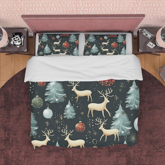 Discover Santa's Reindeer Duvet Cover Christmas Tree Quilt Cover, Holiday Vibe Bedding Set North Pole Bedspread, Kid's Bedroom Decor