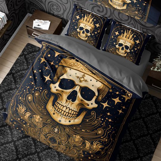 Discover Dark Royalty Aesthetic Duvet Cover Crowned Skull Quilt Cover, Witchcore Bedding Set Whimsigothic Blanket Cover, Hippie Goth Bedspread