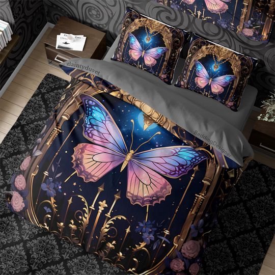 Discover Blue Pink Monarch Butterfly Duvet Cover Dark Royalty Quilt Cover, Witchcore Blanket Cover Whimsigothic Bedding Set, Hippie Goth Bedspread