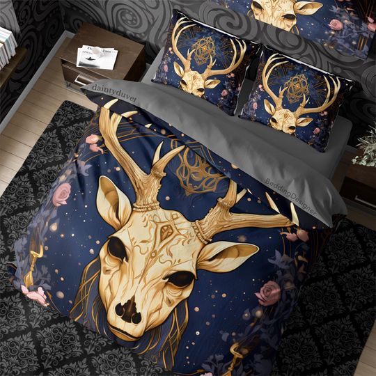 Discover Roe Deer Victorian Gothic Duvet Cover Dark Fantasy Quilt Cover, Whimsigothic Bedding Set Hippie Goth Blanket Cover, Witchcore Bedspread