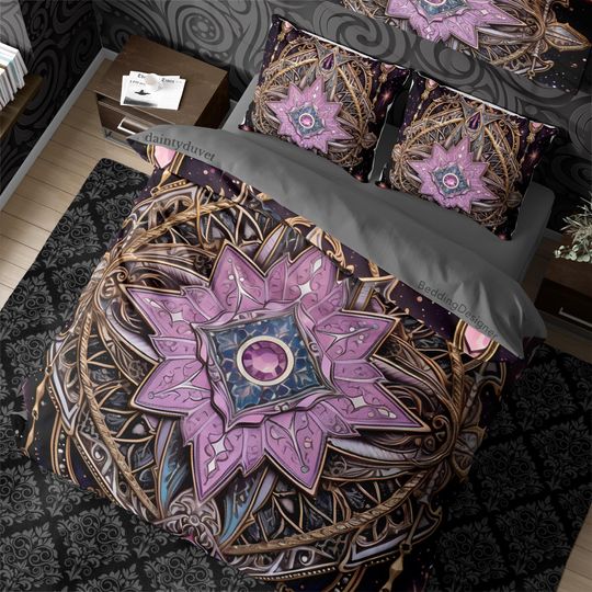 Purple Geometric Alchemy Aesthetic Duvet Cover, Witchcore Quilt Cover, Whimsigothic Compass Bedding Set Hippie Goth Bedspread